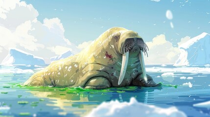 Fototapeta premium A walrus rests on ice in a serene, snowy landscape, surrounded by water and greenery.