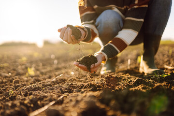 Close- up of the female hands touching dry ground in an agricultural field while analyzing soil during the summer day. Agriculture, gardening, business or ecology concept.