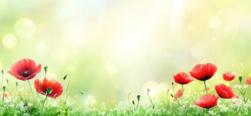 Fototapeta premium Red poppies in a field of white flowers with a soft green background.
