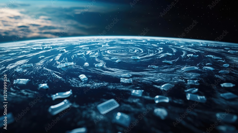 Poster plastic pollution concept. aerial view of planet earth with swirling patterns and ice formations, sh