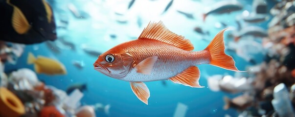 Fototapeta premium Plastic pollution concept. A vibrant orange fish swims gracefully through clear ocean waters filled with life.