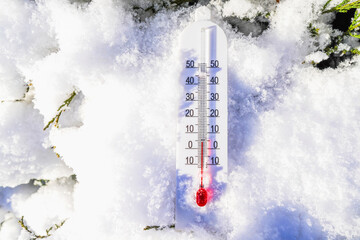 Thermometer on winter snow background. Thermometer for measuring outdoor air temperature. Cold...