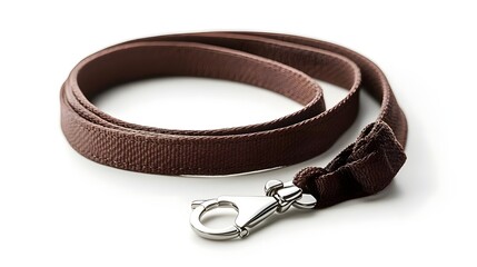 Brown fabric dog leash with a metal clip, isolated on a white background, ideal for pet accessories