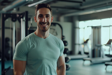 Muscular athlete against the background of a gym