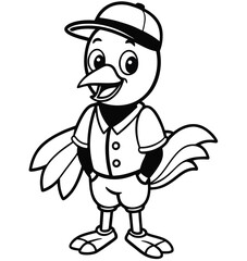 Cute Cartoon Bird Baseball Mascot Vector Illustration in Black and White
