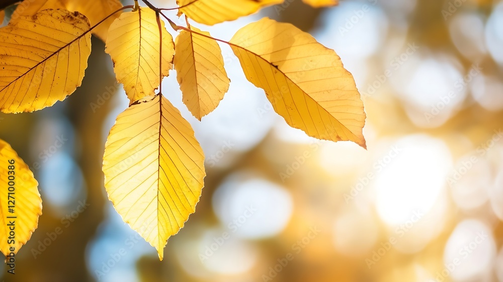 Aufkleber Golden Autumn Leaves Illuminated by Sunlight with a Soft Background Creating a Warm Atmosphere : Generative AI
