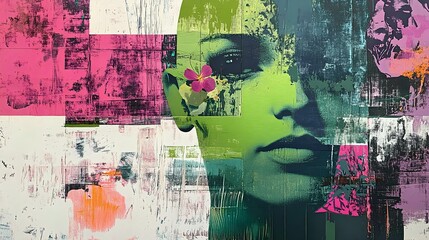Obraz premium A vibrant mixed media artwork featuring a stylized face with a floral accent, showcasing bold colors and textures in an abstract composition.