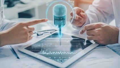 Two doctors using a tablet, discussing a digital microphone hologram for podcasting or virtual meetings.
