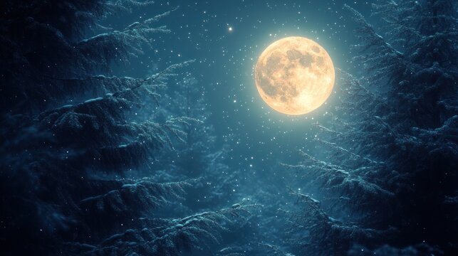 Snowy Forest at Night, Full Moon