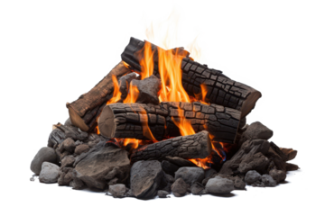 coal and fire in campfire isolated on white or transparent png