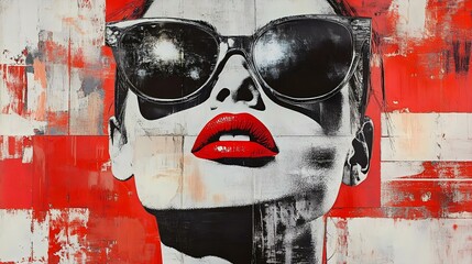 A striking modern art portrait of a woman with bold red lips, large sunglasses, and an abstract background of red and white hues.