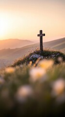 Rustic wooden cross on a hill surrounded by wildflowers in soft morning light on Easter Sunday