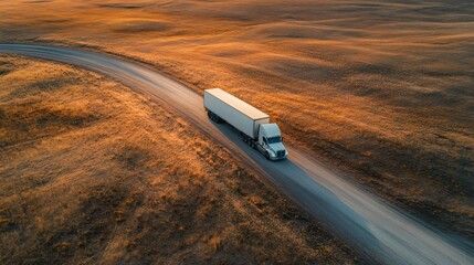 White semi truck driving on a dirt road through a field at sunset