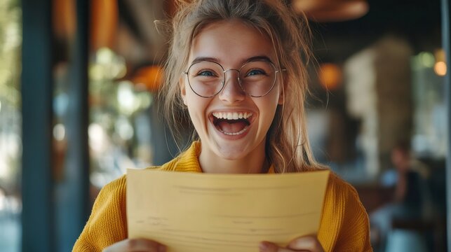 Excited student celebrating successful exam results in cafe