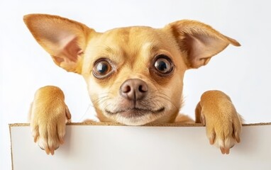 Obraz premium Adorable Small Dog with Big Curious Eyes Playfully Peeking Over a Blank Sign in a Bright Outdoor Setting Evoking Joy and Whimsy in Everyday Life