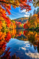 Fototapeta premium Autumn Lake Tranquility: Serene Reflections, Vibrant Foliage, and Golden Light – 10K Ultra-HD Nature Scene