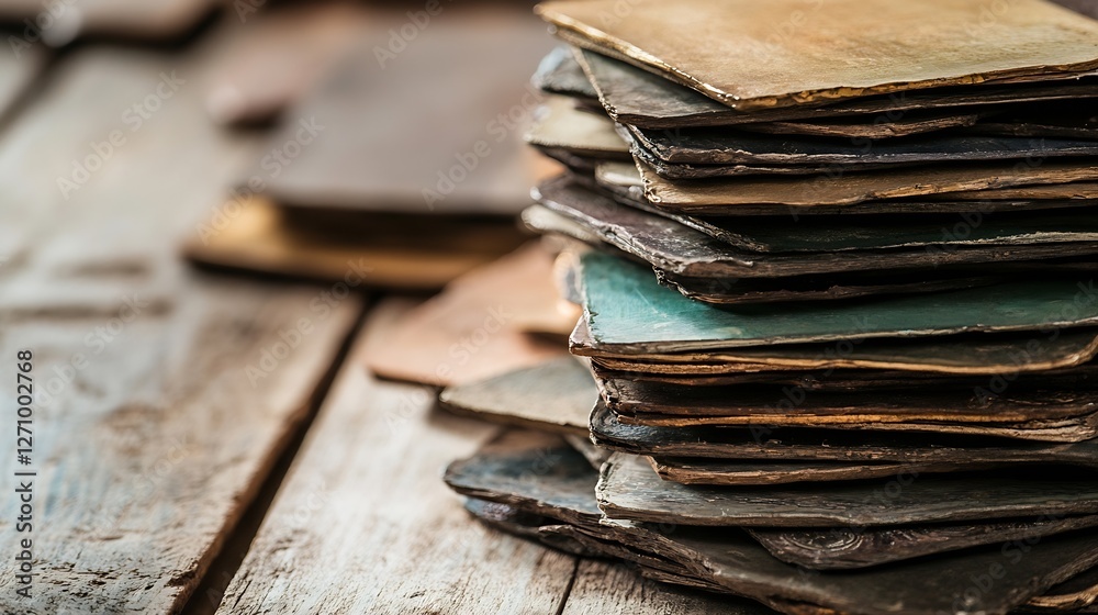 Poster aesthetic arrangement of stacked aged paper sheets on a rustic wooden surface creating a vintage fee
