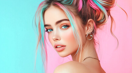 Naklejka premium Creative portrait of a woman with colorful hair against pastel background