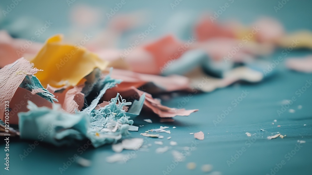 Poster colorful fragments of torn paper in pastel shades on a smooth blue surface overhead view : generativ