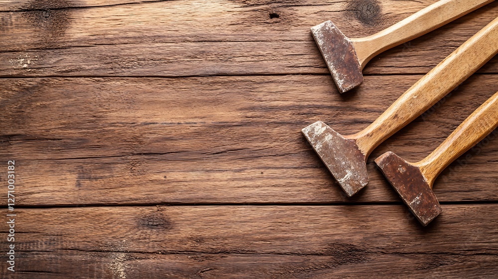 Poster three wooden hammers lying on rustic brown wooden table with unique grain details in natural light :