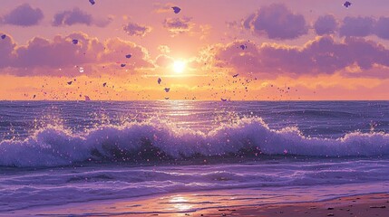 Sunset ocean beach wave petals falling peaceful