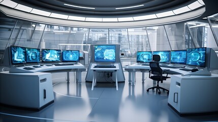 Cutting edge nuclear radiation detection lab equipped with advanced futuristic monitoring screens and digital interfaces for comprehensive data analysis and environmental safety management