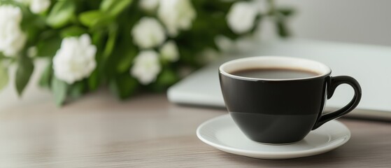 Black coffee cup and saucer on a wooden table. the cup is filled with a dark liquid, possibly coffee, and is placed on the saucer.