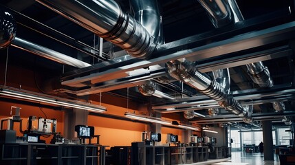 Stylish industrial inspired ceiling featuring exposed air ducts modern recessed lighting and a minimalist geometric design perfect for loft office or commercial space