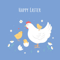 Happy Easter illustrations with a hen chicks daisies and flowers