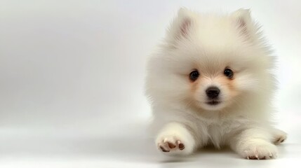 Obraz premium Adorable Small White Dog with Long Flowing Fur Resting Comfortably on Soft Grass Surrounded by Lush Greenery Under Bright Sunny Sky