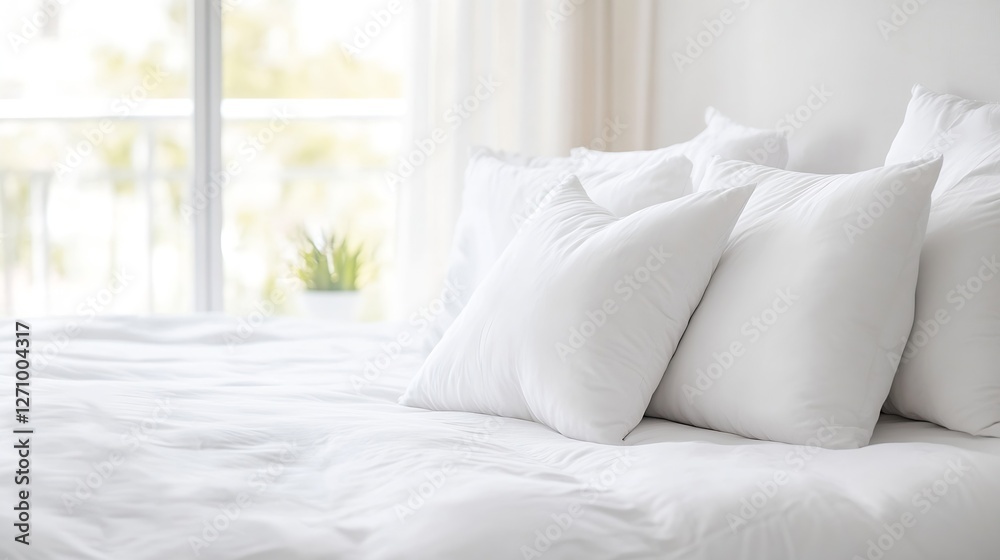 Poster calm and inviting made bed with fluffy white pillows in a modern bedroom setting : generative ai