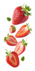 Slices of Fresh Red strawberries falling PNG