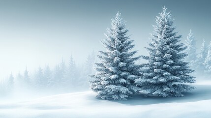 Snowy frosted trees, winter landscape, misty forest