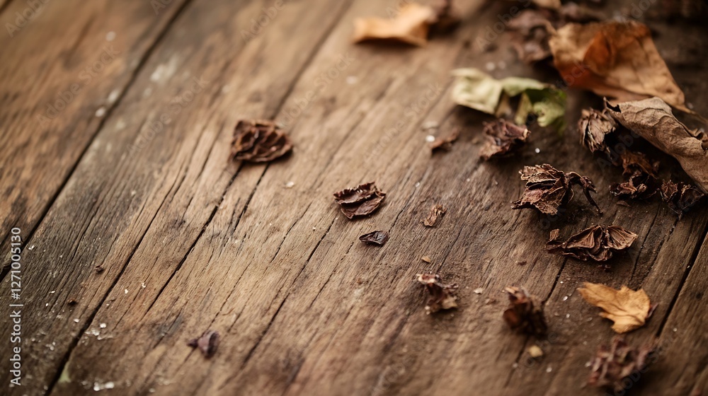 Poster textured wooden table scattered with dried leaves showcasing the beauty of nature in a rustic settin