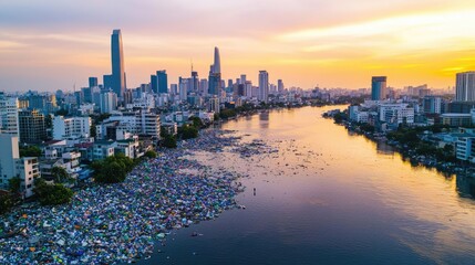 Naklejka premium Plastic pollution concept. Aerial view of a bustling city skyline at sunset beside a river filled with waste.