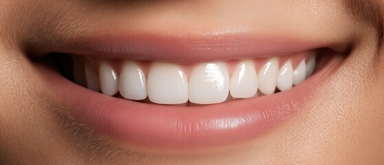 Fototapeta premium Close-up of a woman's mouth, showing her teeth. the teeth are white and appear to be healthy and well-groomed. the woman's lips are slightly parted, and her skin is a light peach color.