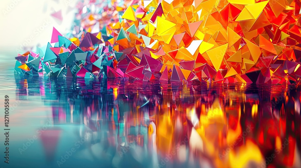Poster plastic pollution concept. vibrant geometric shapes reflect in water, creating a colorful abstract c