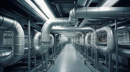 Obraz premium Intricate and complex network of air ducts featuring advanced noise reducing insulation materials designed for efficient climate control and ventilation in industrial commercial