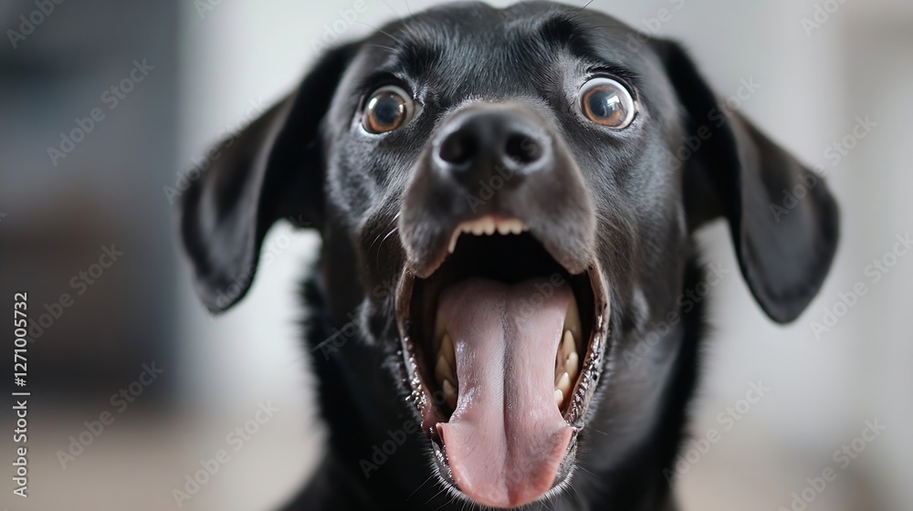 Poster excited black dog with mouth open as if barking in a playful manner : generative ai