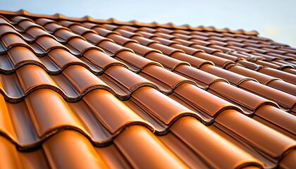 Close-up of an orange roof tile pattern, showcasing the texture and detail in ceramic clay tiles against a clear sky background.