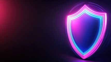 A glowing neon shield symbol against a dark background, illuminated in vibrant pink and blue hues, representing protection and security.