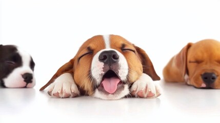 Four Playful Puppies Relaxing on the Floor with Their Mouths Open in a Cozy Indoor Setting Capturing a Joyful and Whimsical Canine Moment
