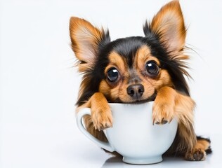 Charming Small Dog Nestled Comfortably in a Cup Surrounded by Soft Textiles Creating an Adorable and Whimsical Atmosphere of Cuteness and Joy