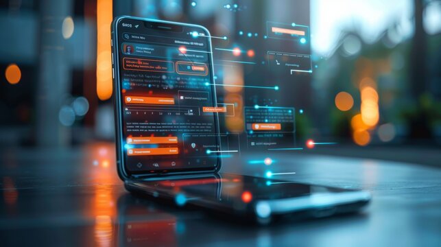 A modern smartphone rests on a table showcasing vivid notifications and digital interactions against an urban backdrop illuminated by twilight. - Powered by Adobe