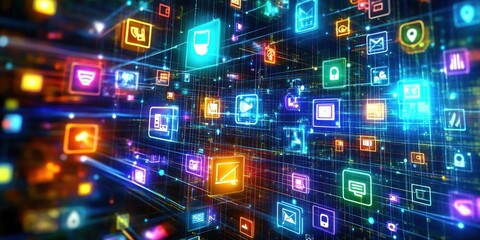 Fototapeta premium Digital background featuring an array of social media icons and tech symbols on a digital display, representing the use of AI in marketing for showcasing products or services. 