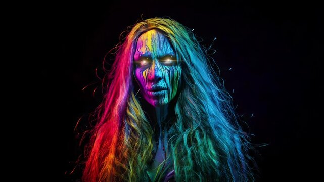 Mystical Woman with Vibrant Neon Face Paint and Glowing Eyes in Dark Background
