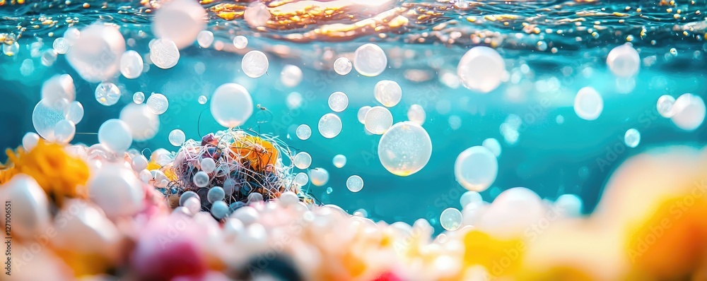 Poster plastic pollution concept. bubbles and colorful corals under shimmering water create a serene underw
