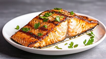 Grilled Salmon Fillet on Plate, Delicious Seafood Dish