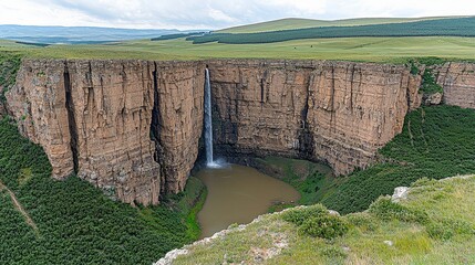 Fototapeta premium Powerful and large waterfall cascading down rocky cliff into clear pool below