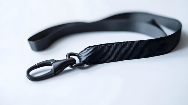 Black fabric dog leash with a sturdy clip, resting on a white background, ideal for pet accessories